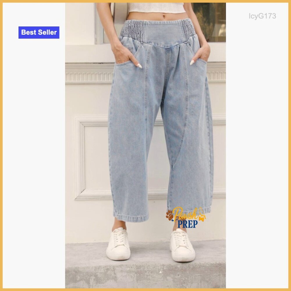 Wide Leg Cropped Jeans Smocked Waist Boyfriend Fit Denim Pants - Picture 6 of 6